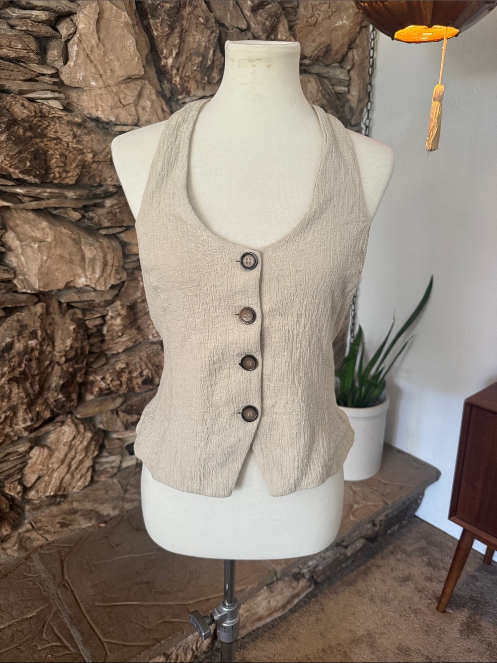 Anthropologie Beige Textured Button-Front Halter Vest